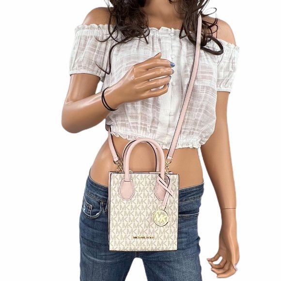 Michael Kors Mercer XS MINI Satchel Shopper Crossbody Bag MK Vanilla Pink - Picture 1 of 13